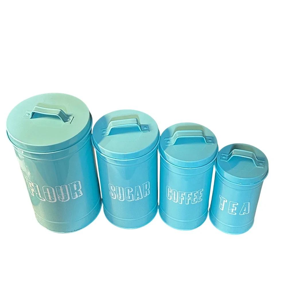Turquoise Metal Farmhouse Canister Set Flour Sugar Coffee Tea 4 Piece